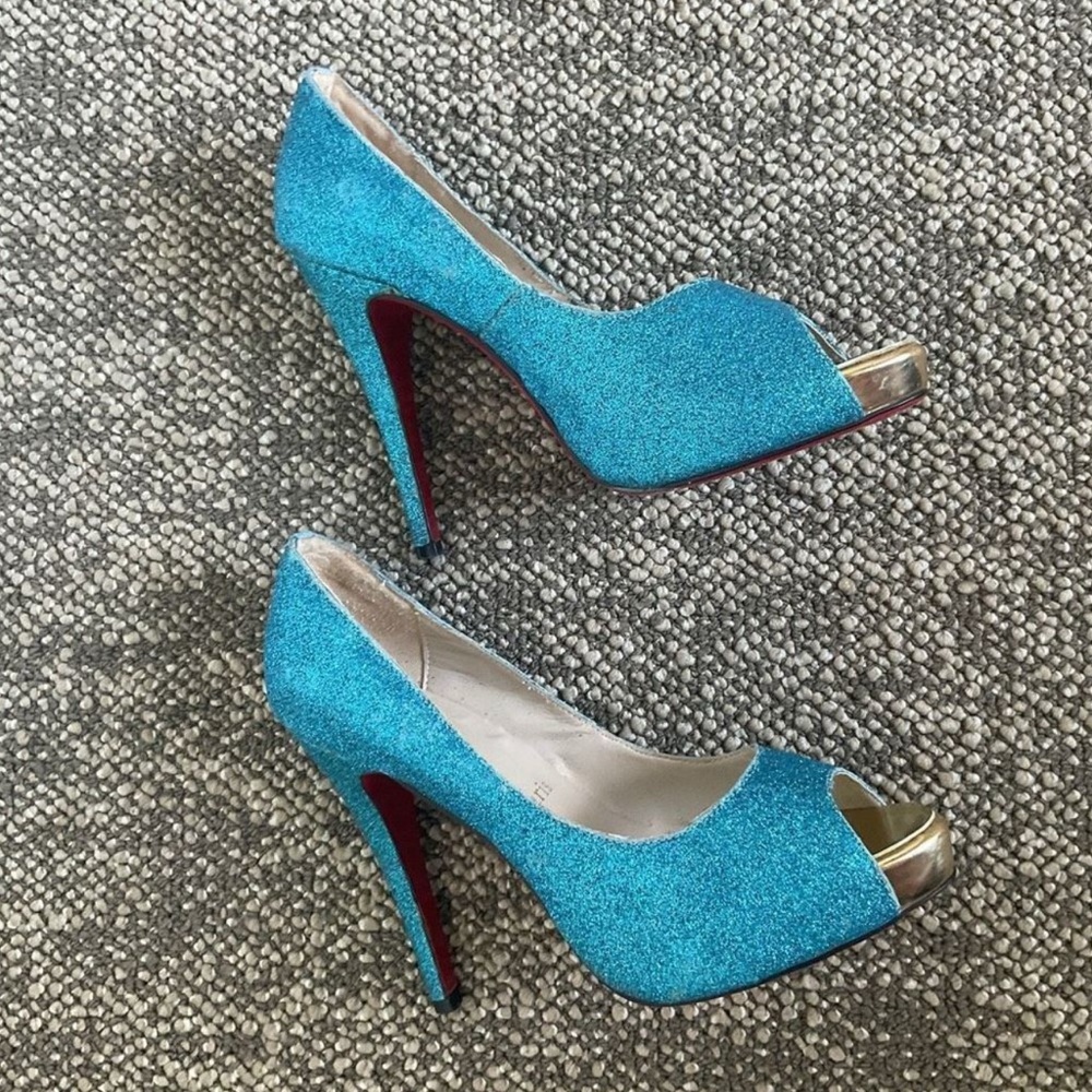 Christian Louboutin Sparkling Turquoise Peep-Toe Heels